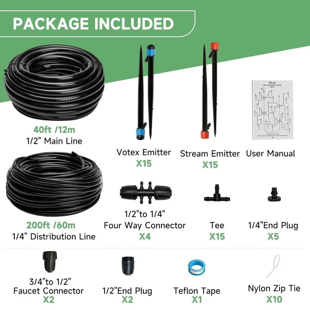 Drip Irrigation System for Garden (240FT) - Emitters & Barbed Fittings