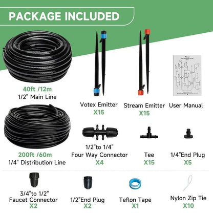 Drip Irrigation System for Garden (240FT) - Emitters & Barbed Fittings