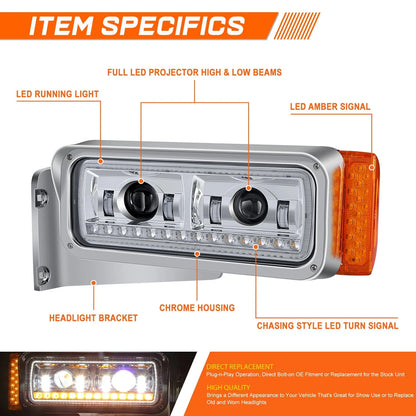 LED Sequential Signal Projector Headlight Chrome for Peterbilt 359 379 389 (1981–2021)