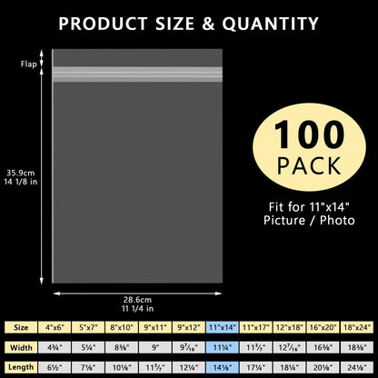 100 Pack Clear Plastic Sleeves 11" x 14" Acid Free