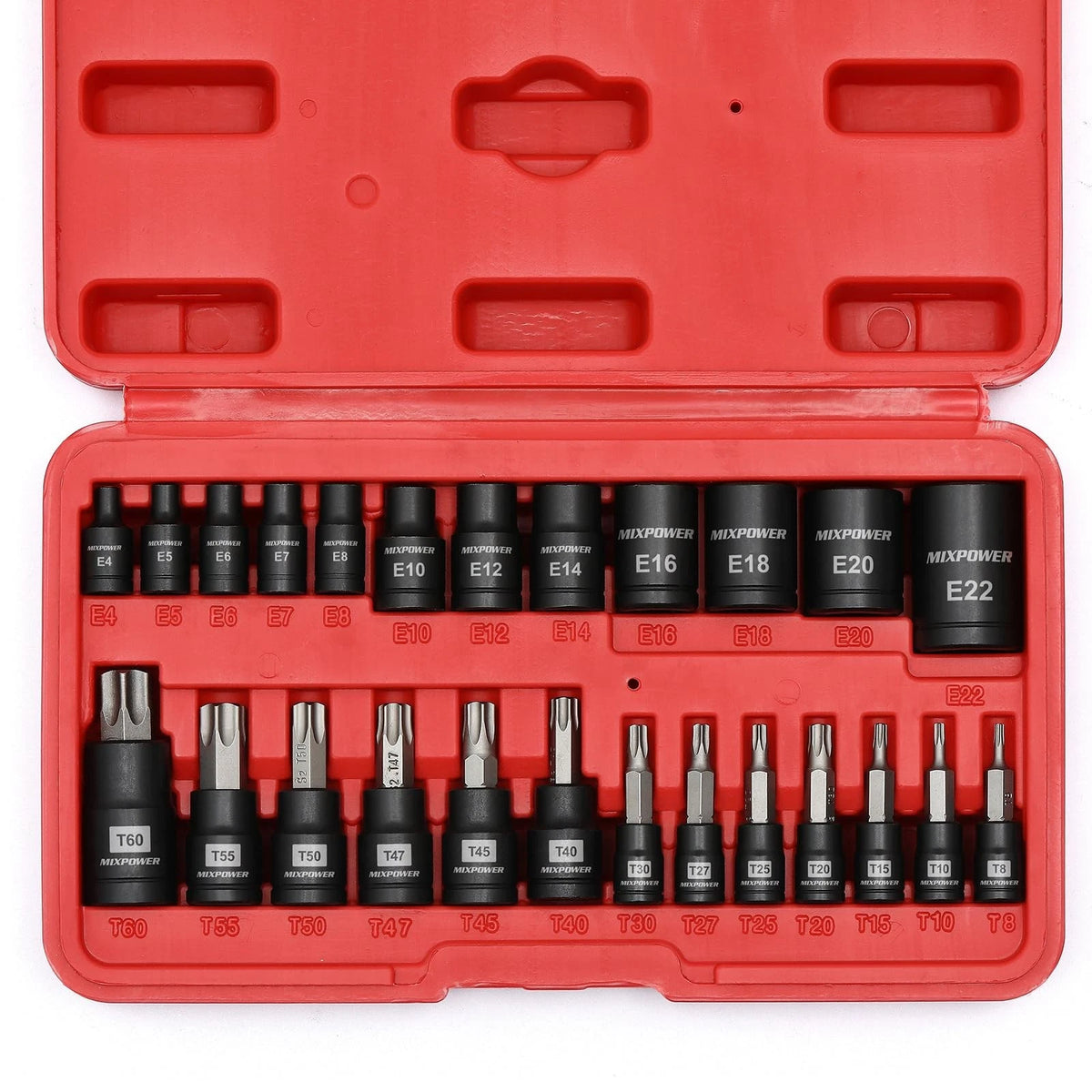 25 Piece Torx Bit and Socket Set for Automotive (T8-T60, E4-E22)