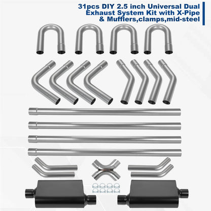 2.5" Mild Steel Exhaust Pipe Kit for DIY (Mandrel Bent, X Pipe & U-Bend)