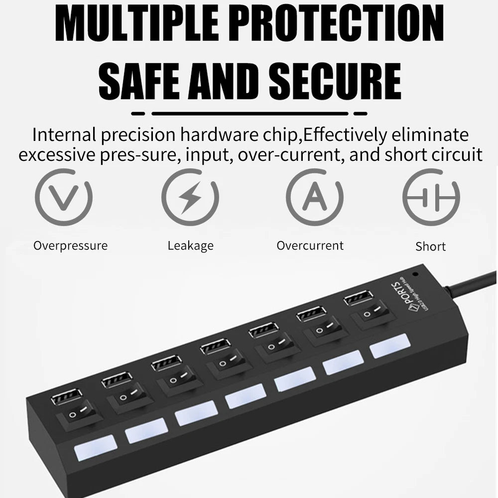 7 Port USB 2.0 Hub Splitter Adapter for PC Laptop Mac Desktop