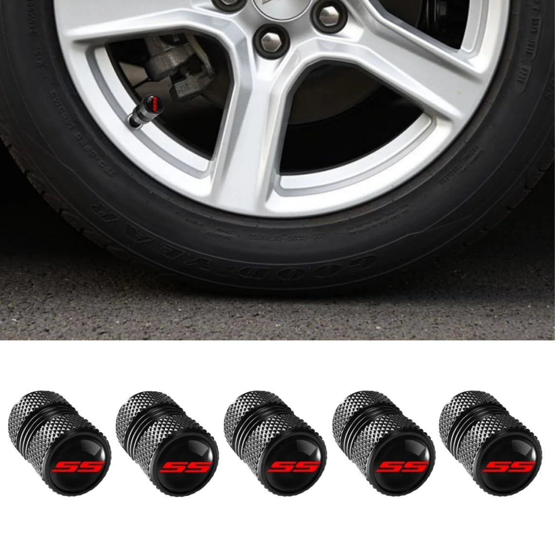 Set of 5 Tire Valve Caps for Camaro RS SS (2010–2023) - Red