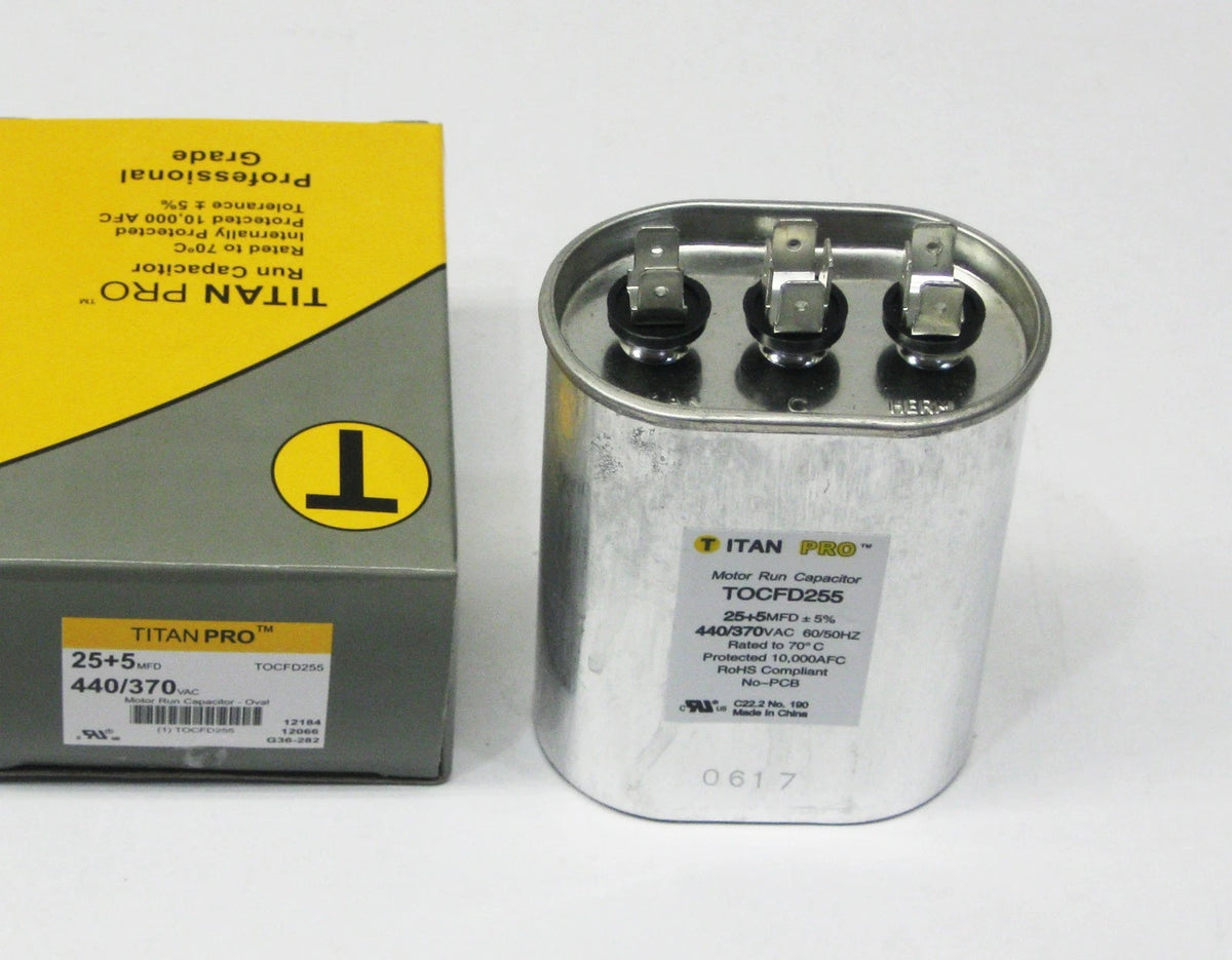 Dual Capacitor for HVAC Oval Motor Run (25/5 MFD, 440/370 Volts)