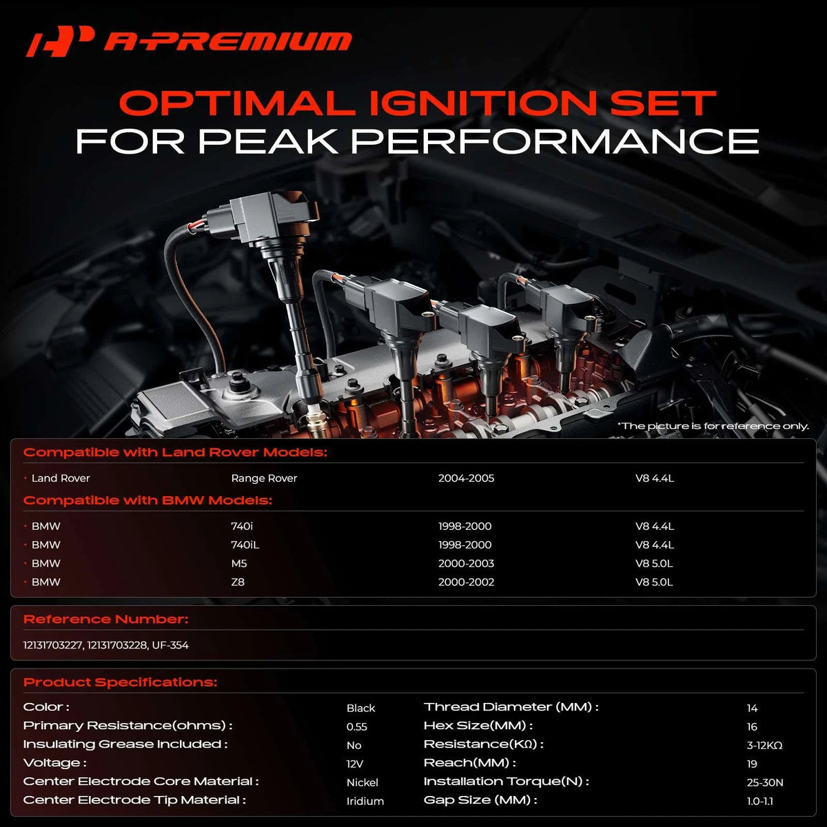 Set of 8 Ignition Coils & Iridium Spark Plugs for Land Rover Range Rover (2002–2012) - 12131703227, 12131703228, UF354, 7092