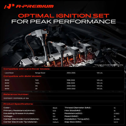 Set of 8 Ignition Coils & Iridium Spark Plugs for Land Rover Range Rover (2002–2012) - 12131703227, 12131703228, UF354, 7092