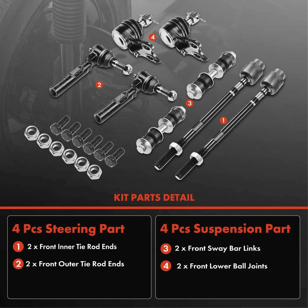Set of 8 Front Ball Joint Sway Bar Link Tie Rod Ends for Chevrolet Cavalier