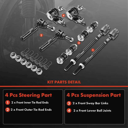 Set of 8 Front Ball Joint Sway Bar Link Tie Rod Ends for Chevrolet Cavalier