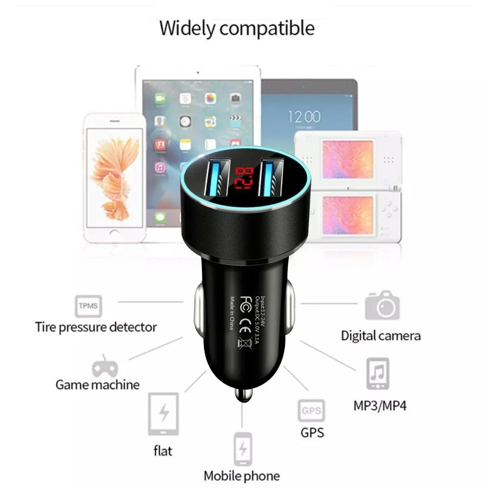 Dual USB Car Phone Charger with LED Display for Universal Use (2010–2023)