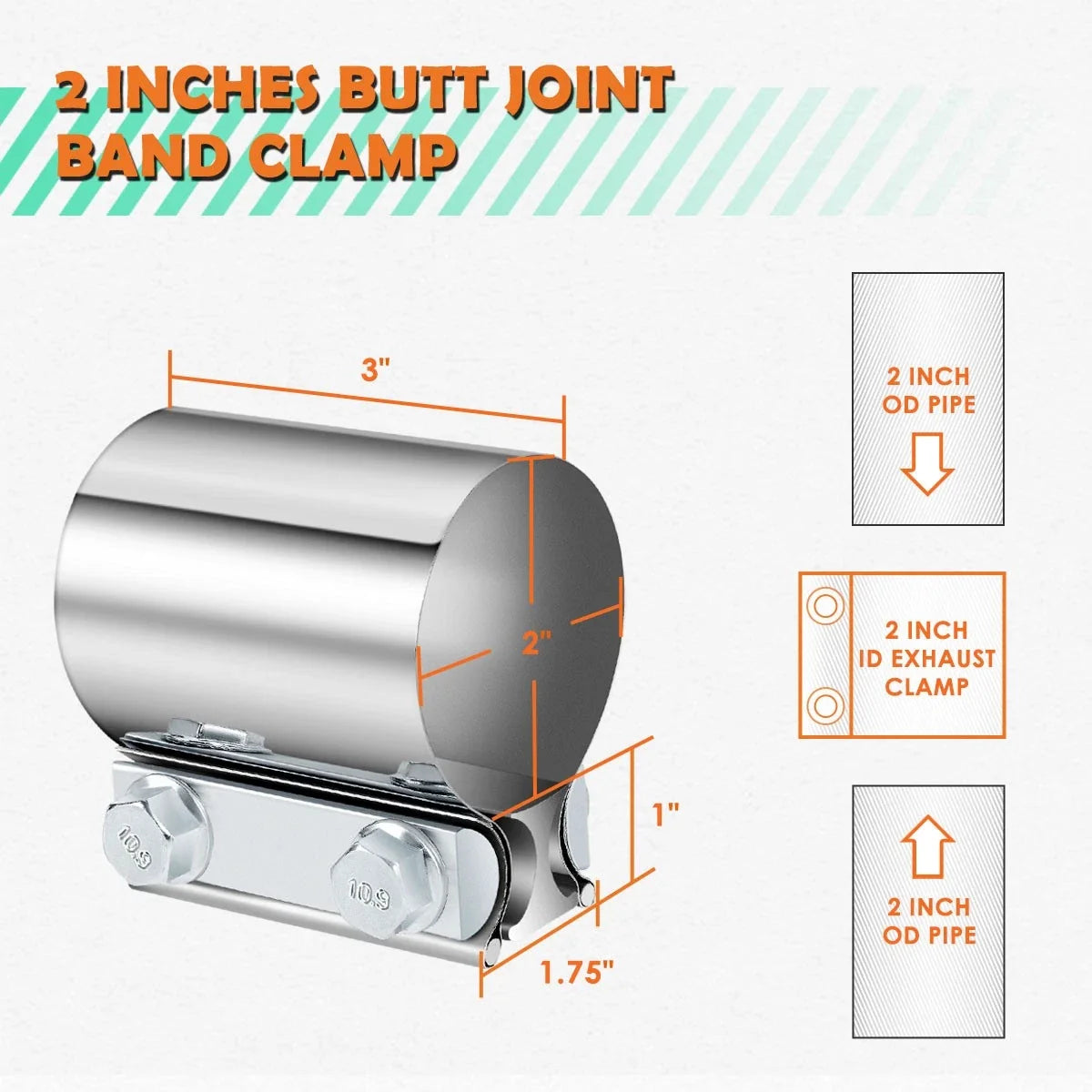 2X 2" ID Stainless Steel Catback Exhaust Butt Joint Band Clamps for Universal
