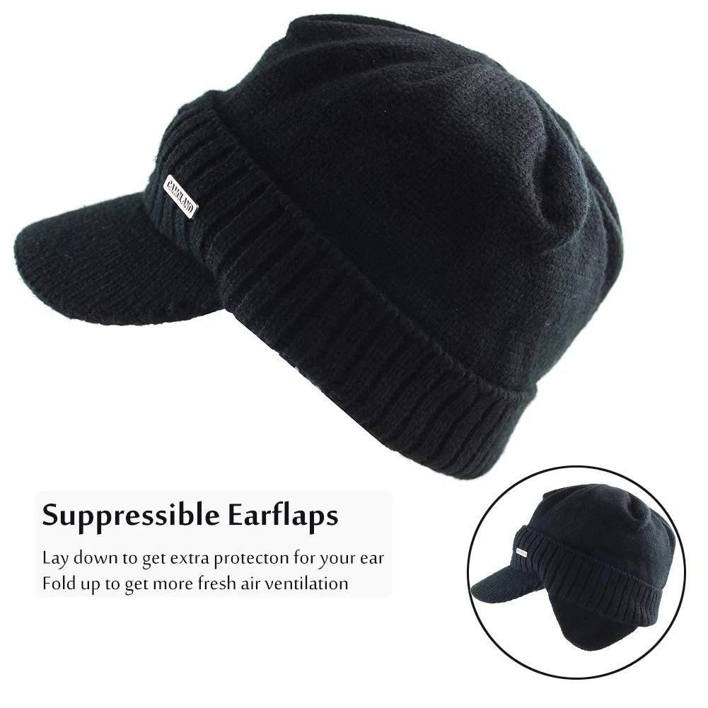 30% Wool Winter Beanie with Visor & Earflaps - Black, One Size