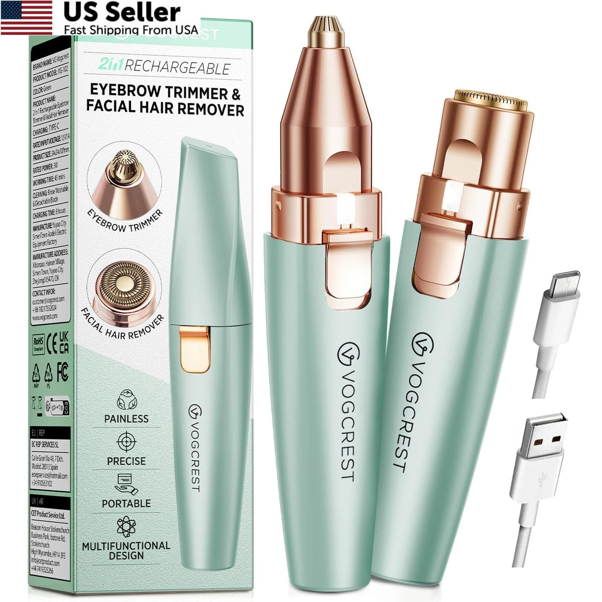 2X Eyebrow Facial Trimmer for VG VOGCREST (Rechargeable, Pastel Green)