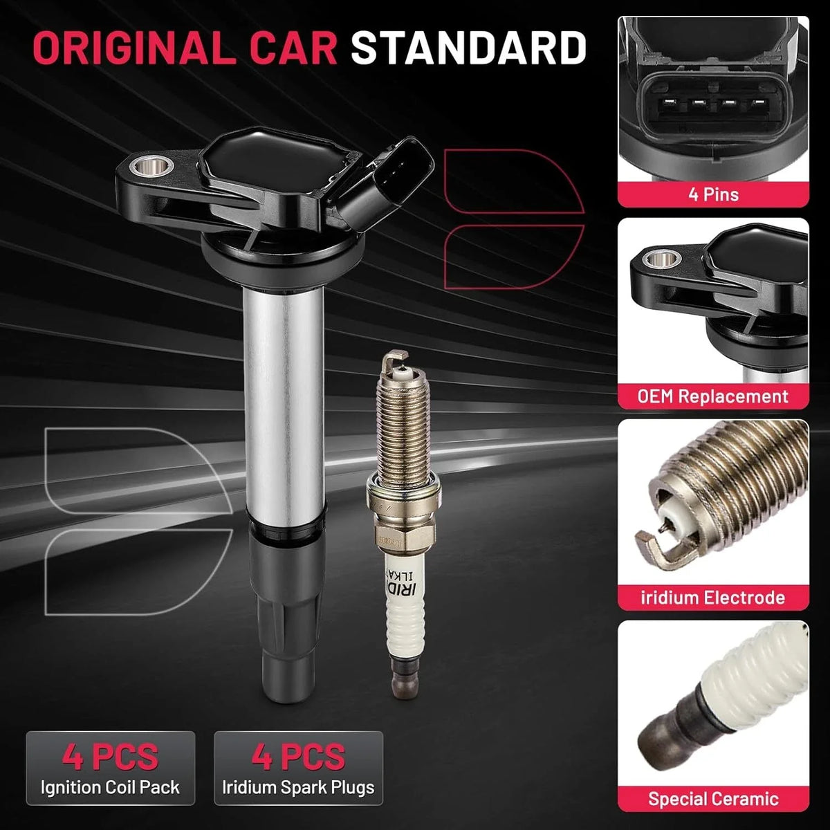 Set of 4 Ignition Coils Pack UF596 & Spark Plug for Toyota Corolla (2009–2015)