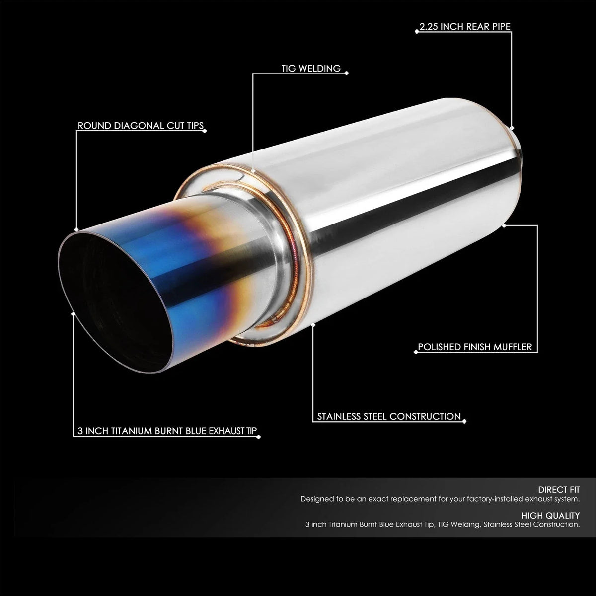 3"OD Titanium Burnt Tip Exhaust Muffler for Universal Fit (Tig Weld)
