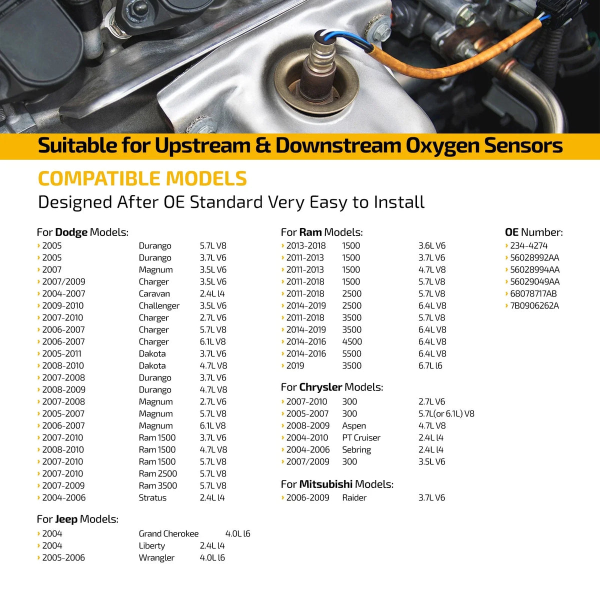 Set of 4 Upstream Downstream Oxygen O2 Sensors for Dodge Viper (2003–2006)