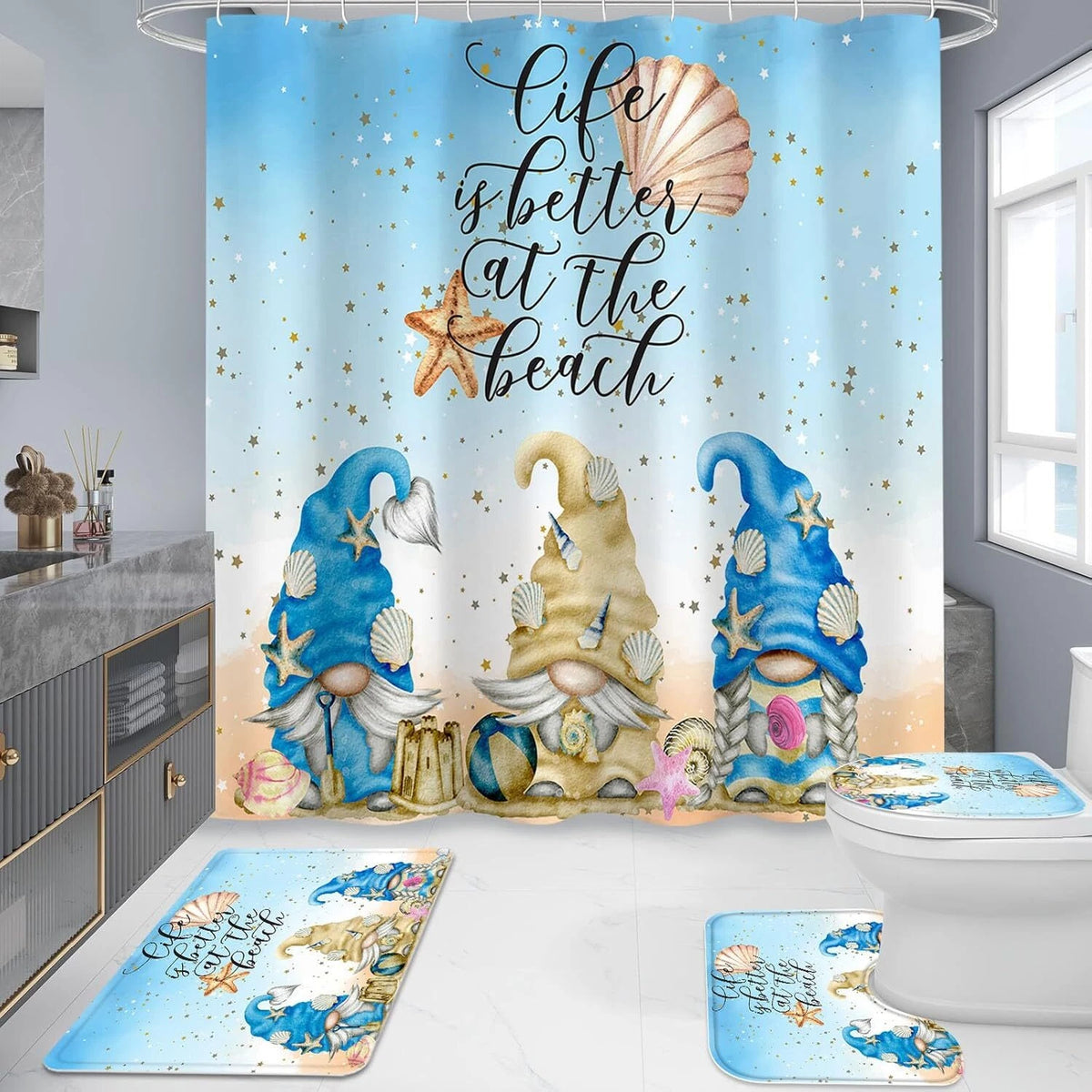 4X Summer Gnomes Shower Curtain Set with Non-Slip Rugs for Bathroom (N/A)