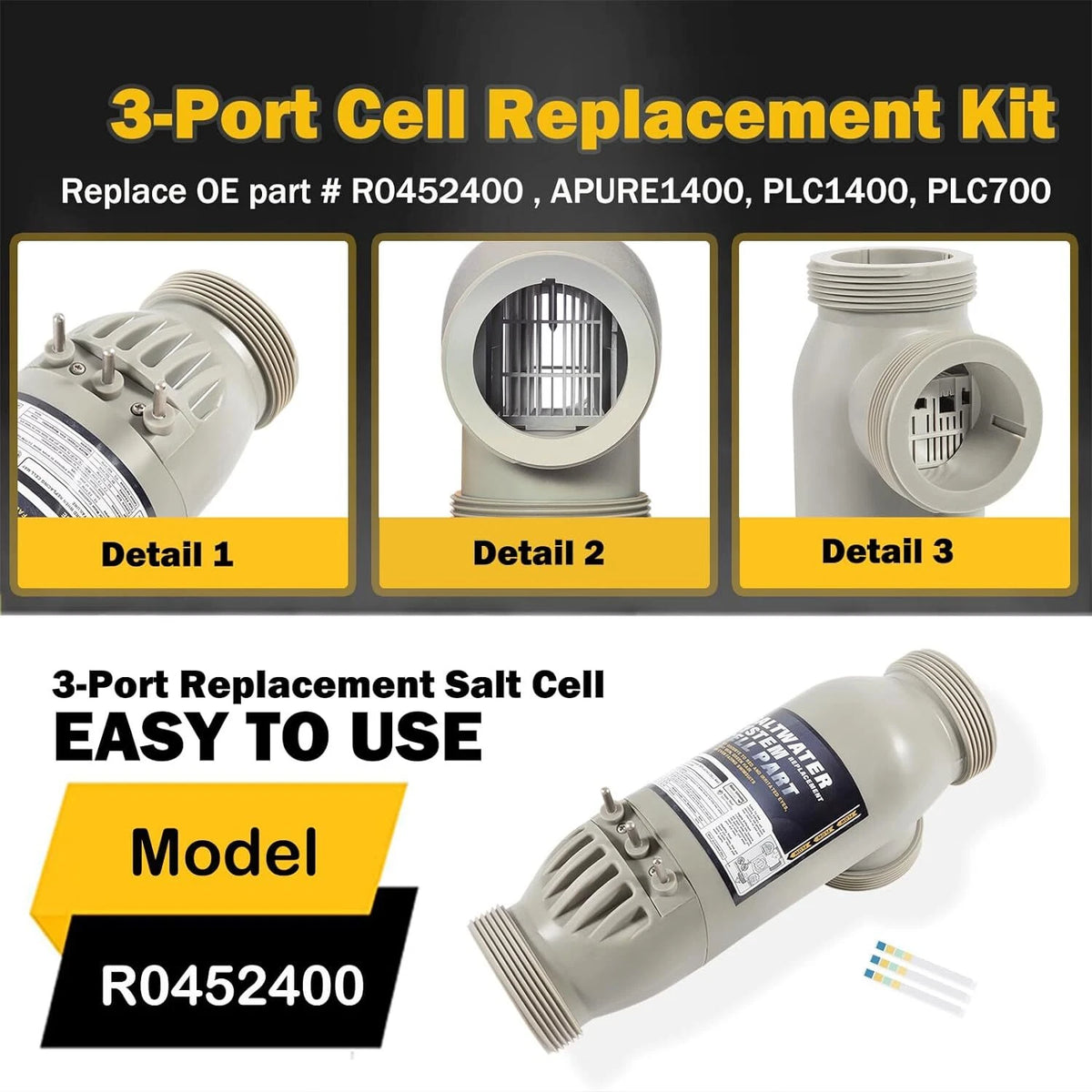 Replacement 3-Port Salt Cell for Zodiac Jandy AquaPure PLC1400