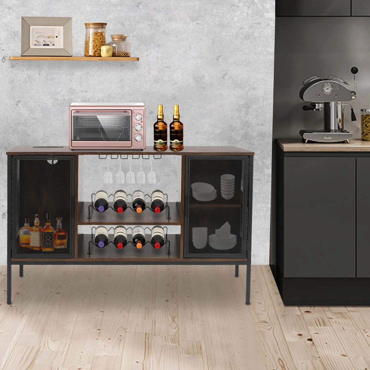 Wine Bar Cabinet with Rack for Liquor and Glasses