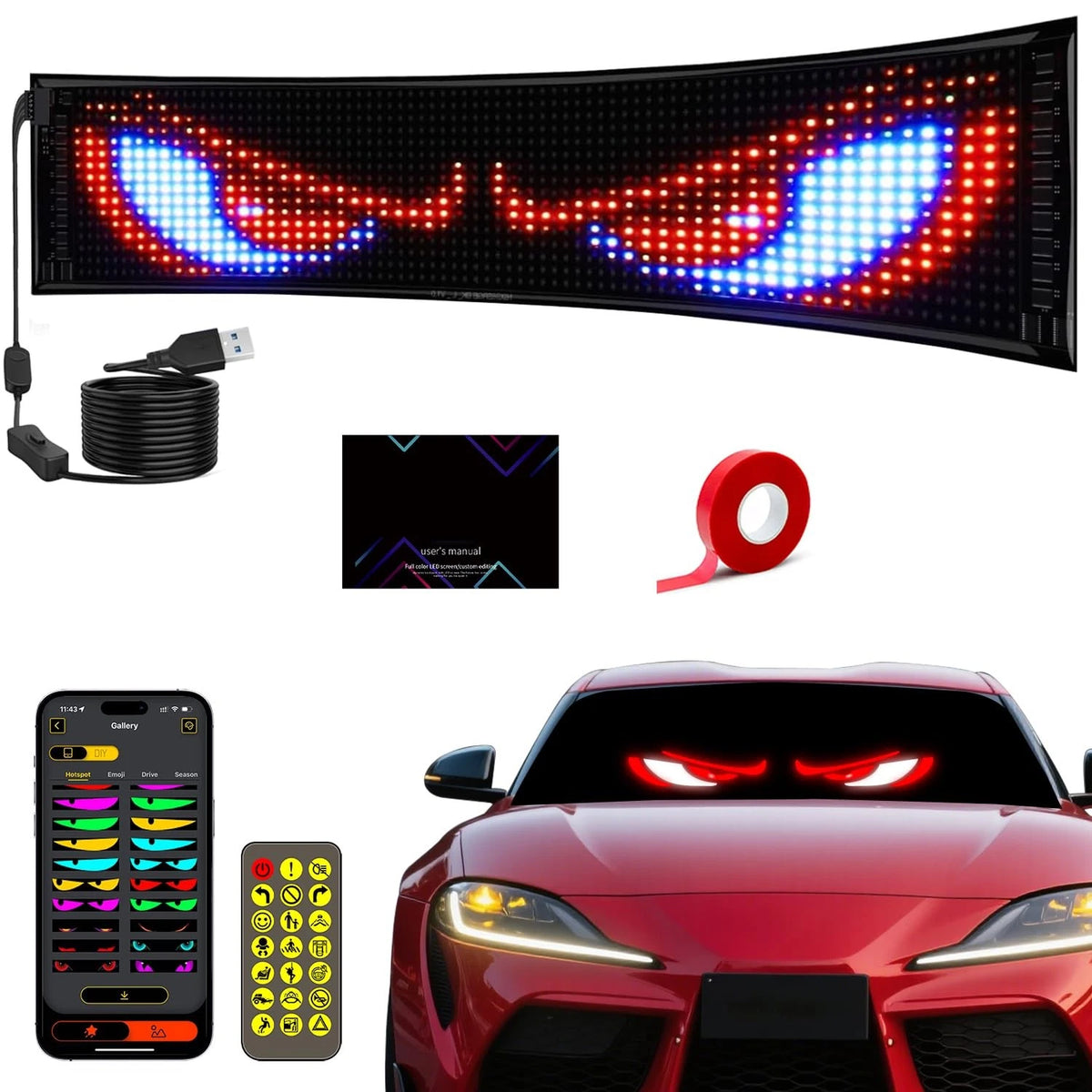 2X LED Eyes for Car Windshield (15"x4", Multi-Color)