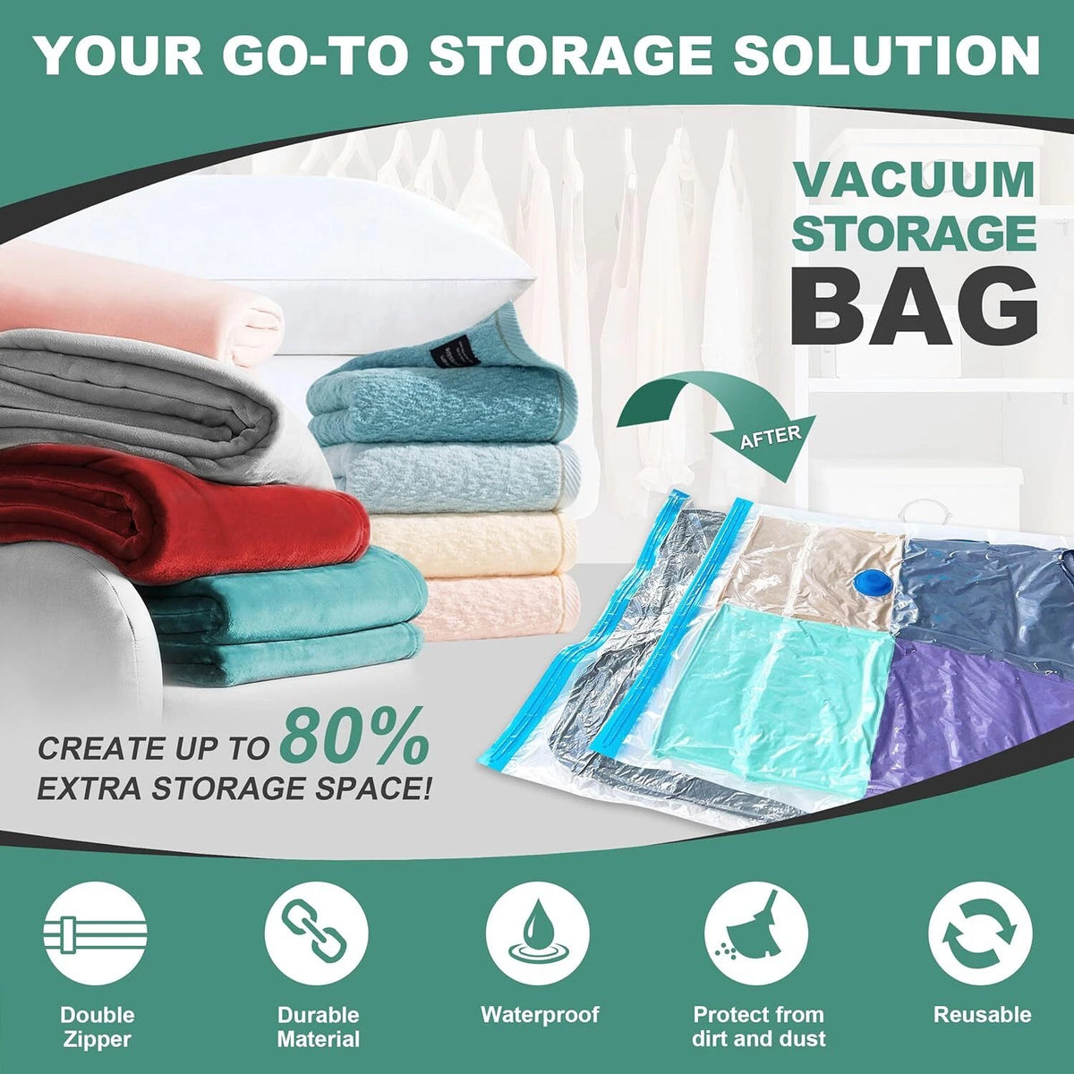 10-20 Pcs Vacuum Storage Bags with Double-Zip Seal for Space Saving