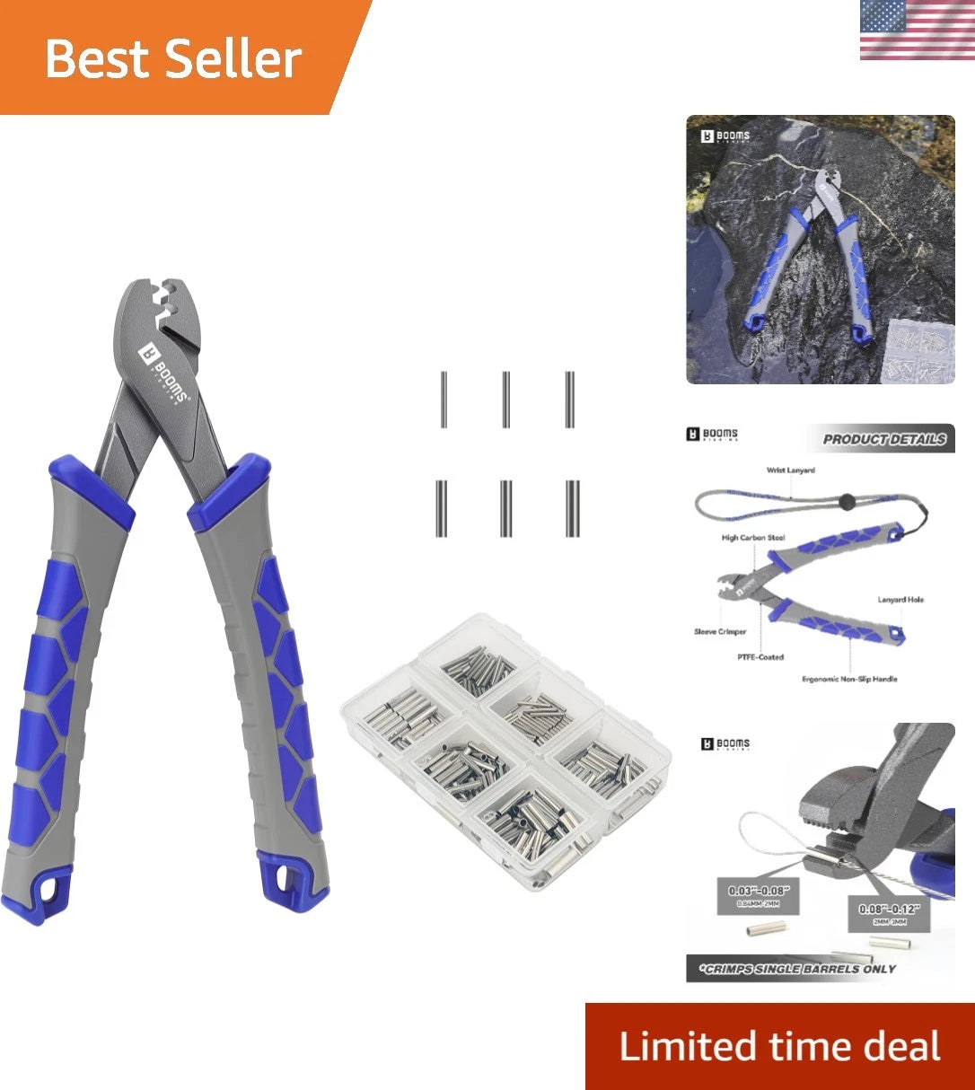 6.5in Crimping Tool Set with 300 Sleeves & Lanyard for Fishing Adventures