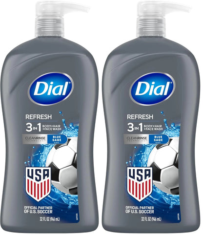 Pack of 2 Dial Men 3 in 1 Body, Hair and Face Wash 32 Fl Oz