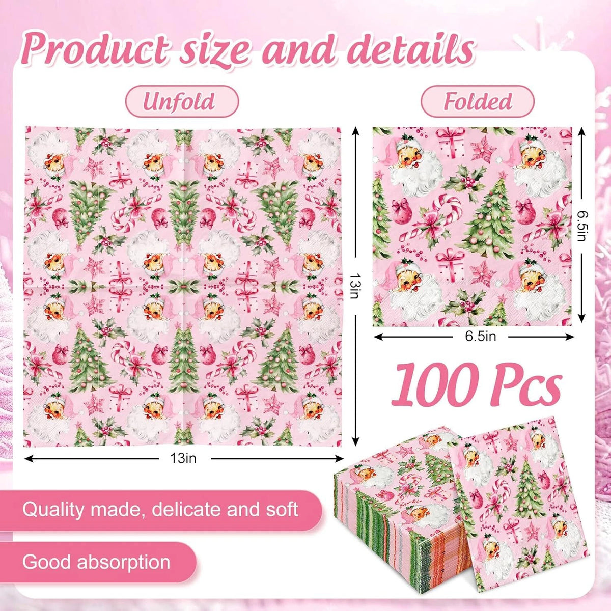 100Pcs Pink Christmas Paper Napkins for Holiday Parties