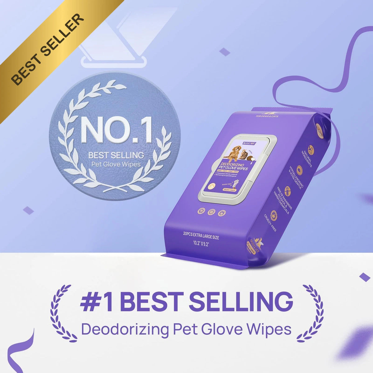 20 Pack Pet Cleaning Wipes for Dogs, Cats, Horses - Deodorizing Glove Wipes