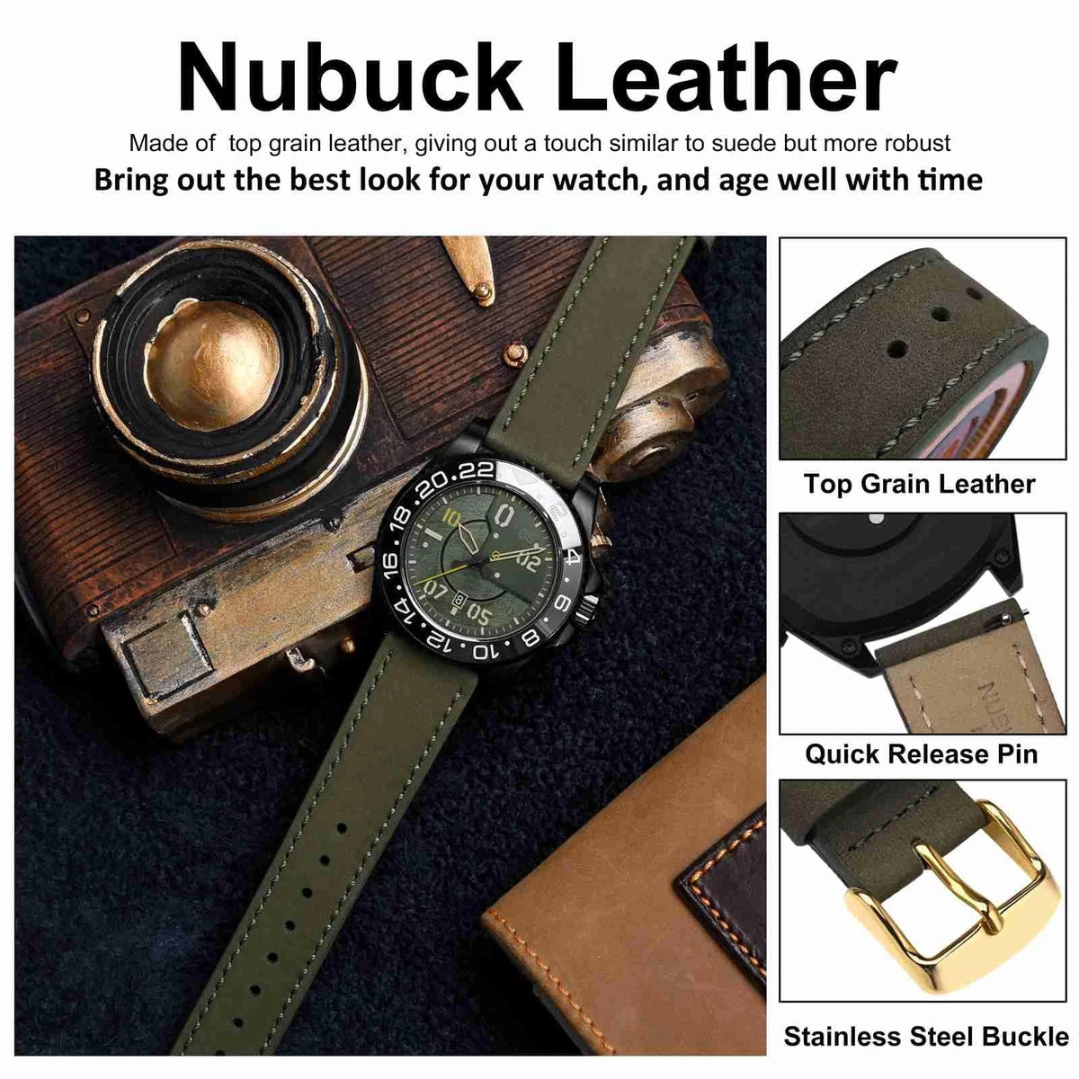 18mm Retro Leather Watch Band for Men - Army Green (Gold Buckle)