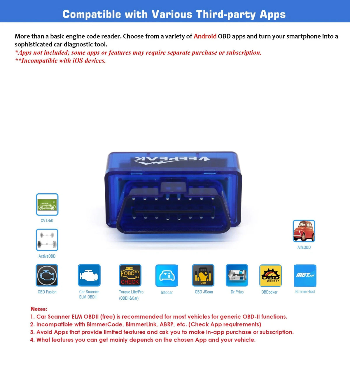 Veepeak Mini Bluetooth OBD2 Scanner for Android (Code 3.0)