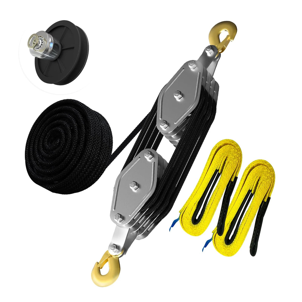 Rope Hoist Pulley System for Universal Use (4400LB, 4 Wheels, 2 Straps)