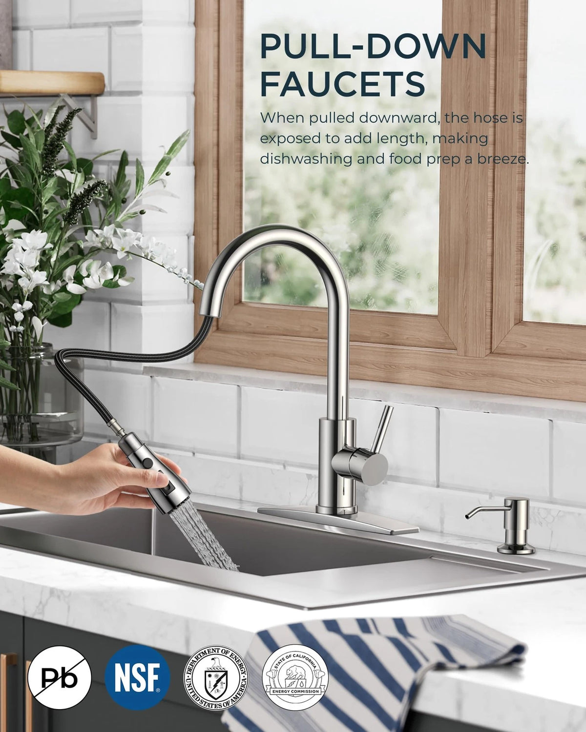 Set of 2 Kitchen Faucets with Soap Dispenser, Pull Down Stainless Steel