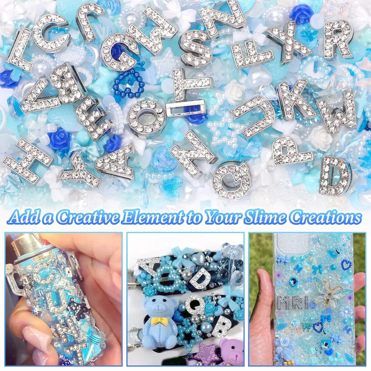 Set of 330 Blue Phone Case Charms with A-Z Rhinestones
