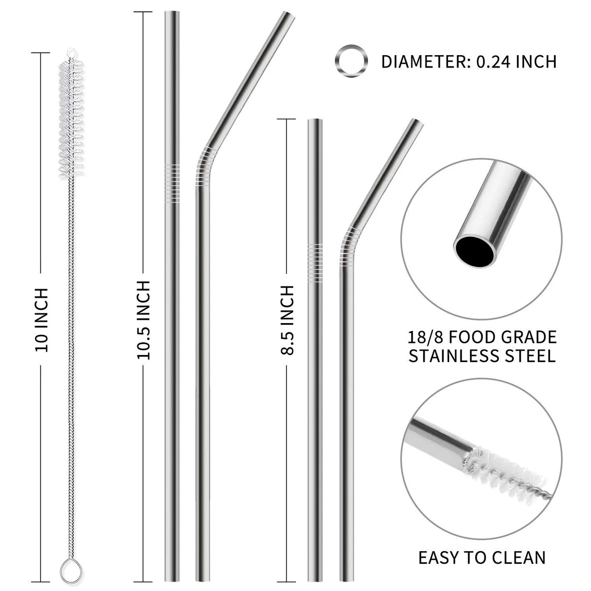 12-Pack Reusable Stainless Steel Straws for Universal Use
