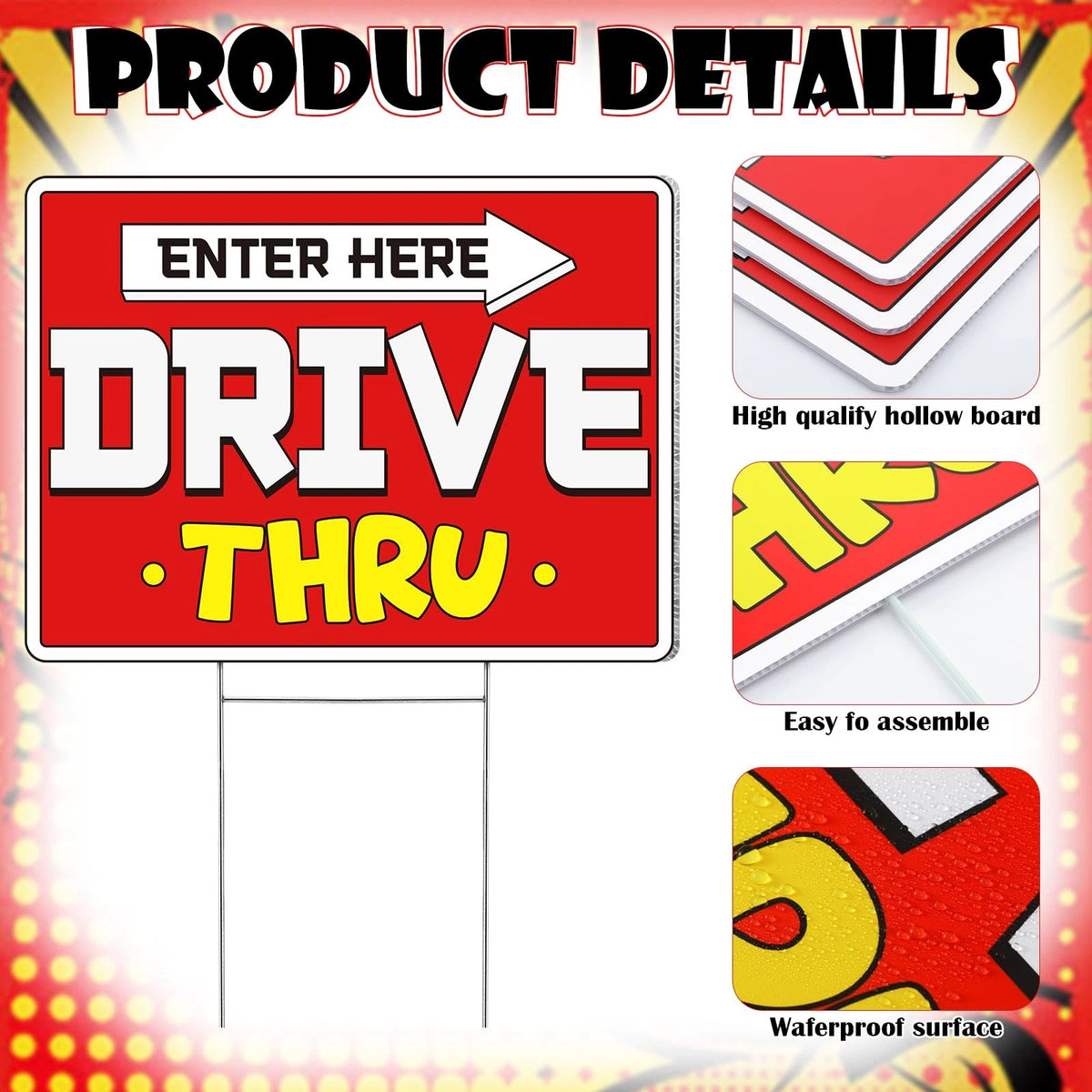3 Pcs Drive Thru Arrow Enter Yard Sign Double-sided Red 16 x 12 Inches