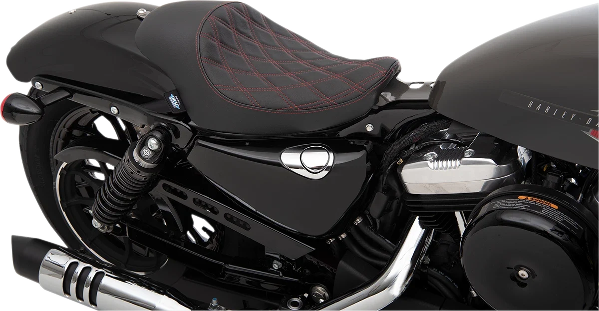 Solo Seat for Harley Sportster (3/4, Double Diamond, Black w/ Red Stitching)
