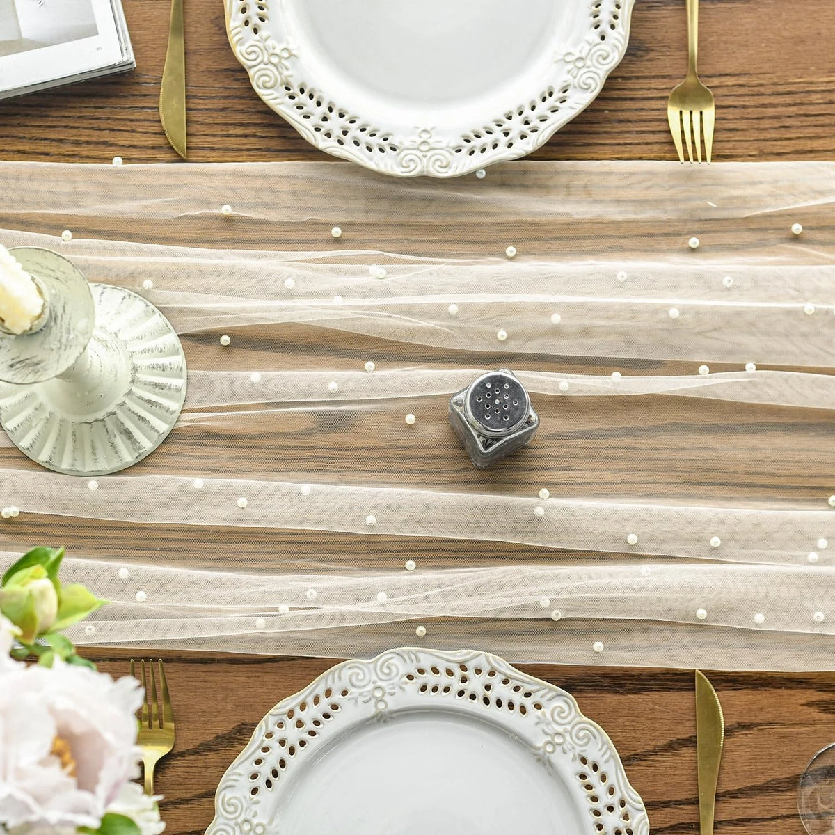Pearl Beige Gauze Table Runner 120 Inch for Seasonal Dining (No Part Numbers)