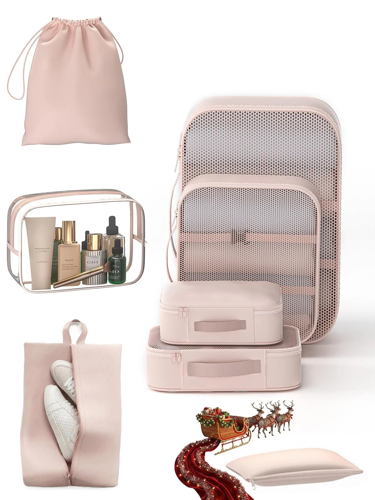 Set of 8 Packing Cubes for Travel with Clear Toiletry Bags, Beige
