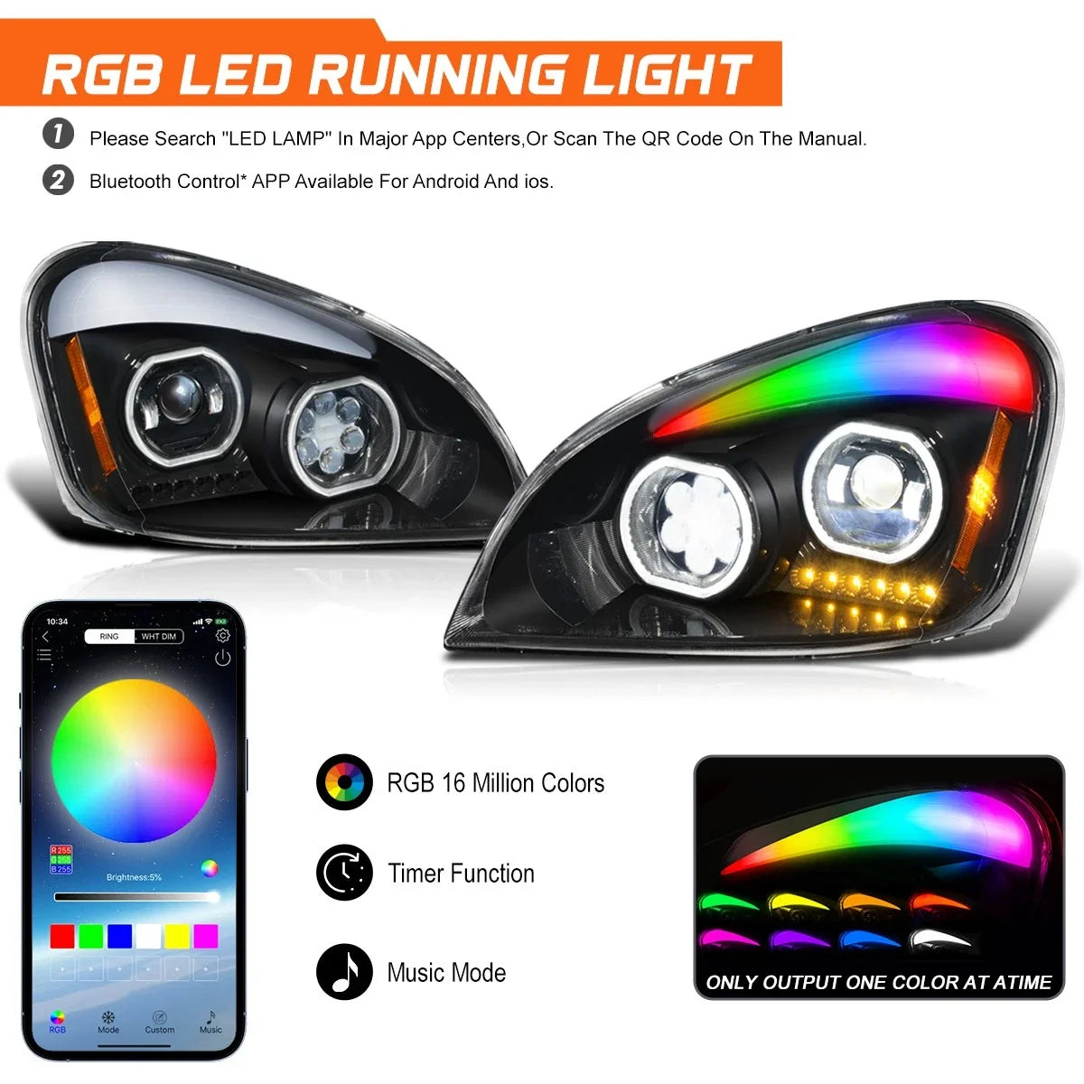 RGB LED Brow Gattling Projector Headlights for Freightliner Cascadia (2008–2017)