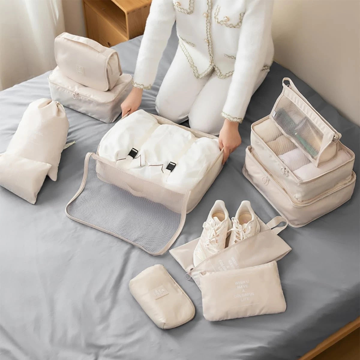 Set of 7 Packing Cubes for Travel - Luggage Organizer Bags, Beige