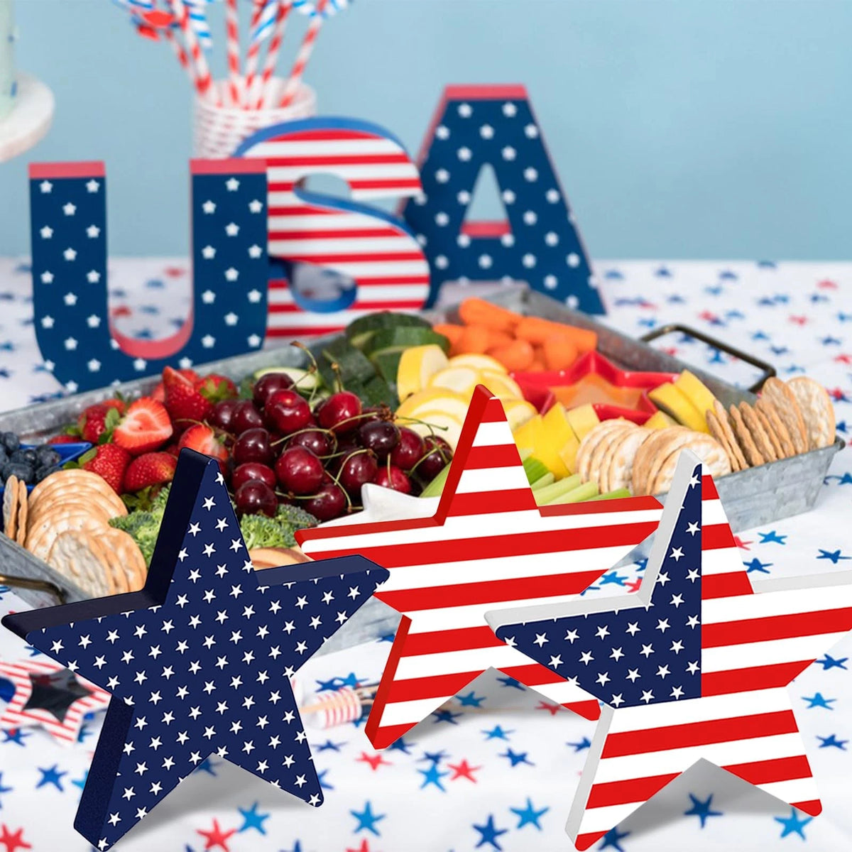 3Pcs Wooden Star Signs for 4th of July Decorations
