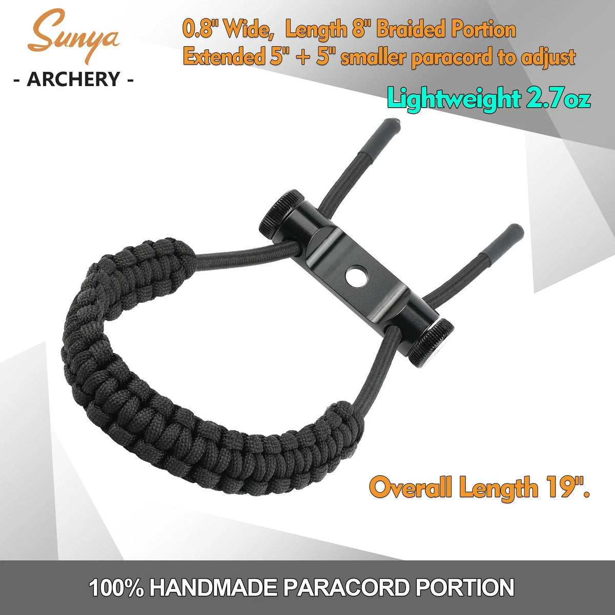 Wrist Sling for Archery Bow - 550 Paracord Strap with Aluminum Mount - Black