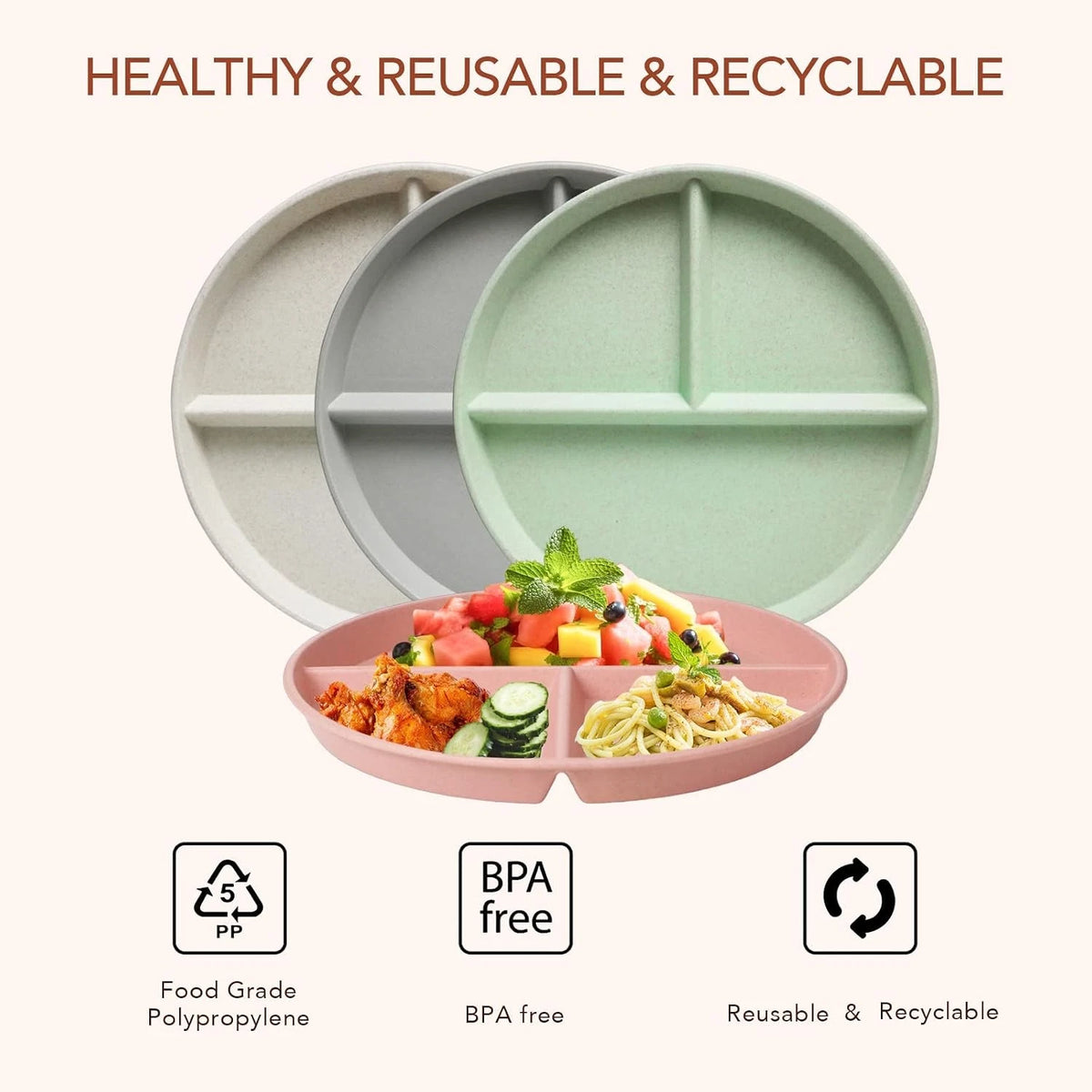 4X 9 Inch Unbreakable Divided Plates for Kids & Adults, Dishwasher Safe