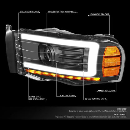 LED DRL Tube Projector Headlights for Dodge Ram (2002–2005)