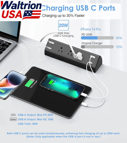 Desk Clamp Power Strip Surge Protector with 3 Outlets & 2 USB C PD 20W