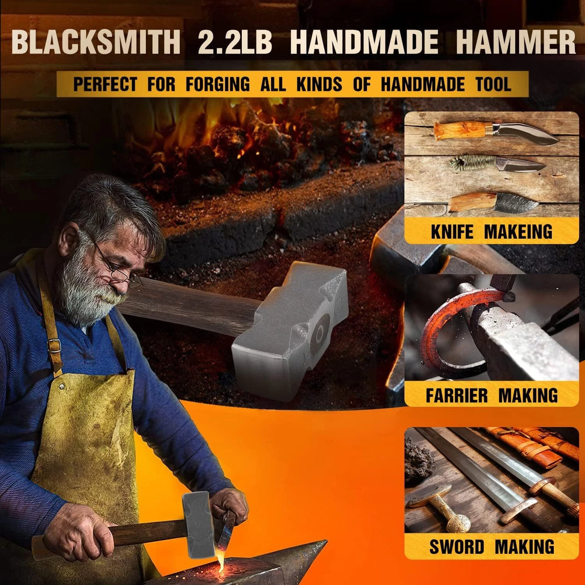 2.2LB Forging Square Hammer for Farrier Blacksmith Bladesmith