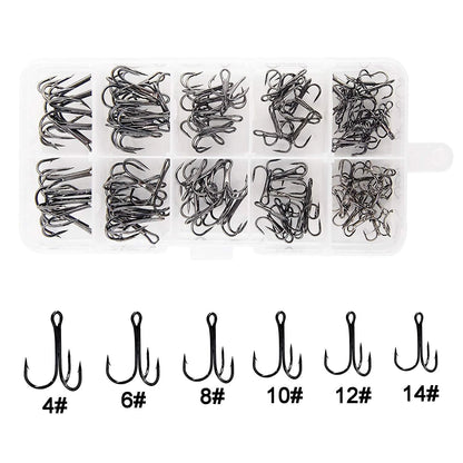 Fishing Treble Hooks Kit Set of 6 High Carbon Steel Sizes 4-14 Black