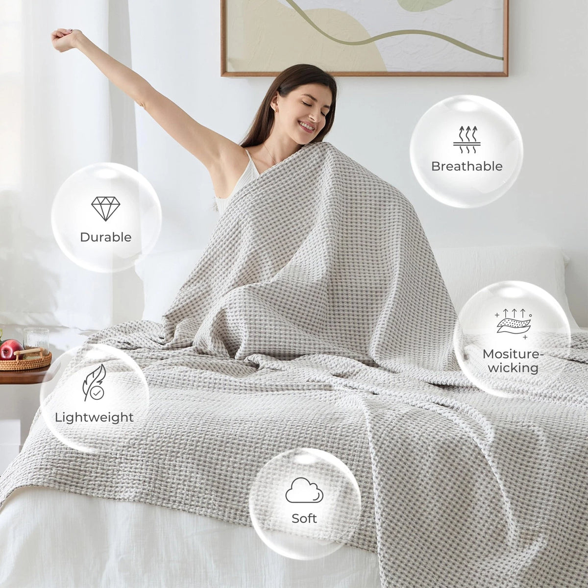 Lightweight Cotton Waffle Blanket for Queen Size (Modern Two-Tone Check)