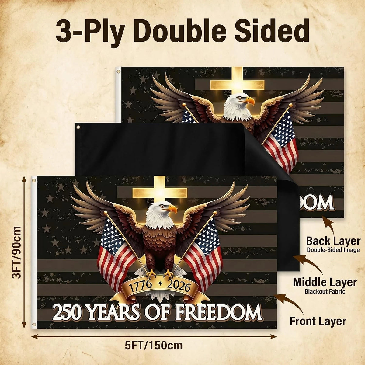3x5 Ft Double Sided USA Flag - 250 Years of Freedom